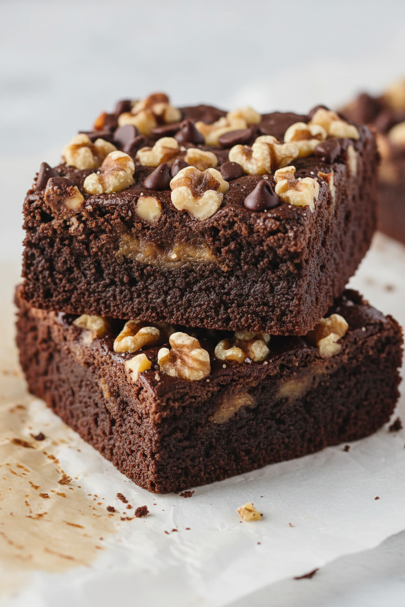 Southern Gossip Turtle Brownie - stacked brownies with chopped walnuts