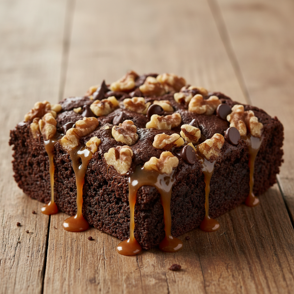 Southern Gossip Turtle Brownie - overhead chopped walnuts caramel chocolate chips